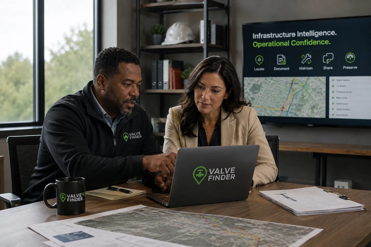 Operations leaders reviewing infrastructure maps and records together