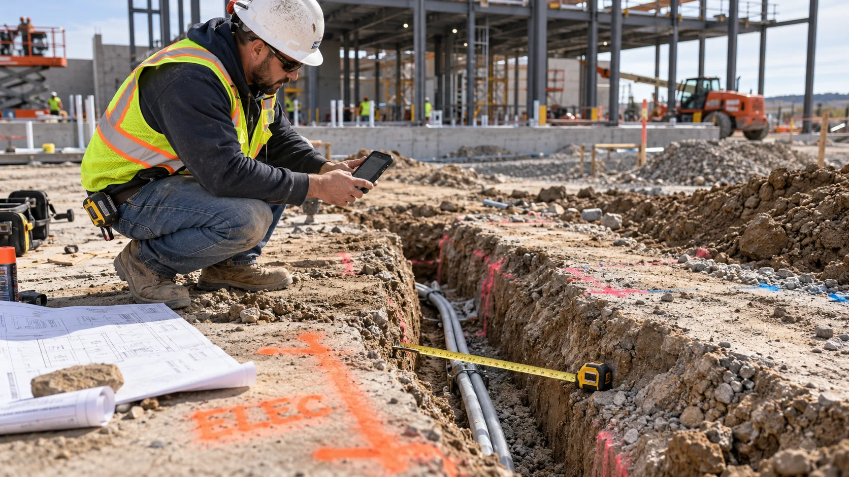A contractor documenting exposed underground utilities in a trench at an active commercial construction site before backfill.