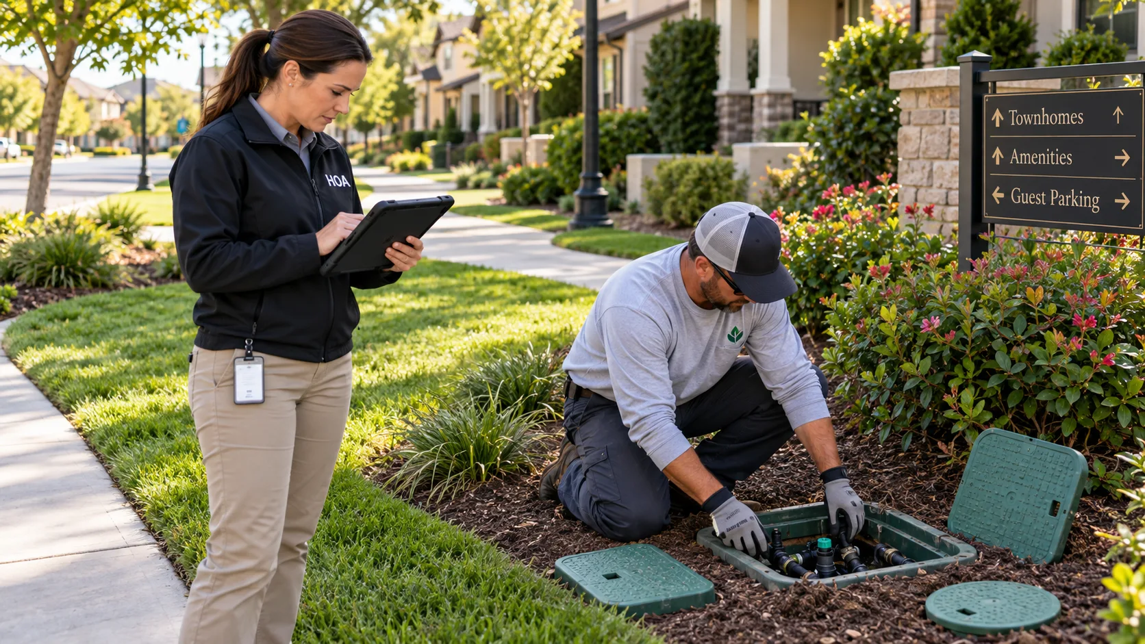 A community property manager with a tablet and a maintenance worker inspecting a valve box in a landscaped residential community.
