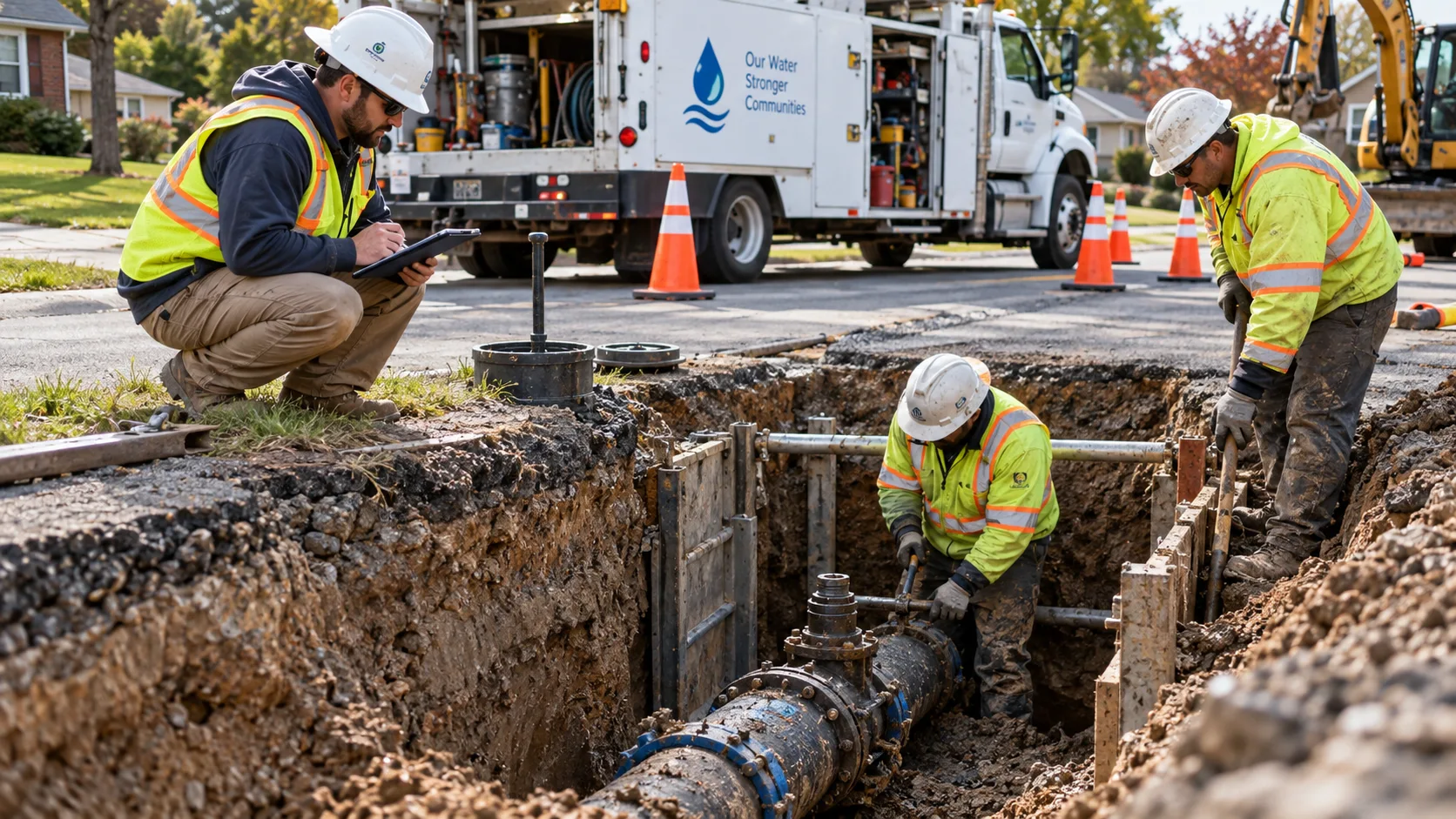 A municipal water utility crew maintaining a below-grade water main and valve assembly inside an excavation.